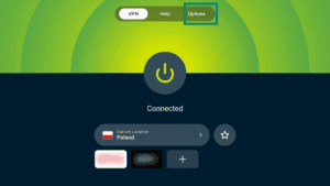 ExpressVPN Android TV home screen with the Options tab highlighted.
