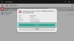 File Manager + app interface on Android TV, showing the Downloader folder and an installation popup window for the ExpressVPN APK app. The "Install" button is highlighted.