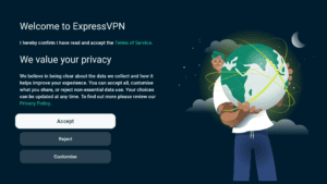 ExpressVPN app interface showing privacy choices on an Android TV.