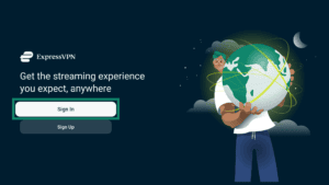 ExpressVPN app interface showing the main login screen on an Android TV. The Sign In button is highlighted.