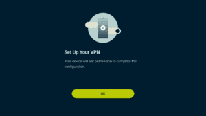 ExpressVPN app interface showing the VPN setup notification screen on an Android TV.