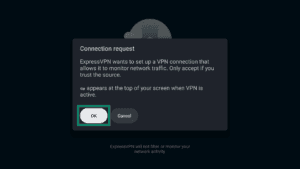ExpressVPN app interface showing the connection request popup window during setup. The OK button is highlighted.