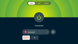 ExpressVPN app interface showing an active VPN connection on Android TV.