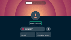 ExpressVPN app interface showing the VPN tab on Android TV. The Not connected status is highlighted.