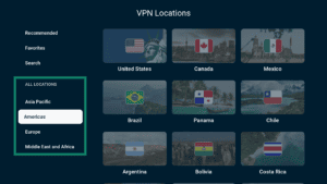 ExpressVPN app interface showing the Americas tab on the VPN Locations window on Android TV. The "ALL LOCATIONS" tab and its subsections are all highlighted.