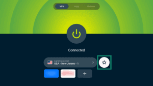 ExpressVPN app interface showing an active VPN connection on Android TV. The star icon next to the server location widget is highlighted.