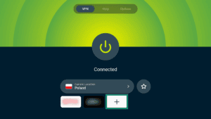 ExpressVPN app interface showing an active connection screen on Android TV. The plus sign next to app shortcuts is highlighted.