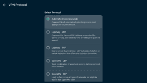 ExpressVPN app interface showing the protocol selection page on Android TV.