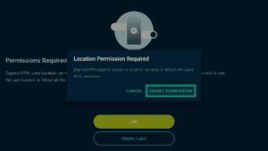 ExpressVPN app interface showing a location permission request popup on Android TV. The Grant Permission button is highlighted.
