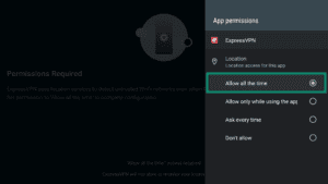 ExpressVPN app interface showing app location permission levels on Android TV. The Allow all the time option is highlighted.