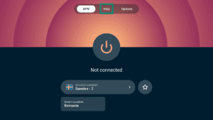 ExpressVPN app interface showing the VPN tab on Android TV. The Help tab is highlighted.