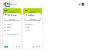 ExpressVPN Aircove app interface, showing two device groups on the main screen and a highlighted sidebar menu icon.