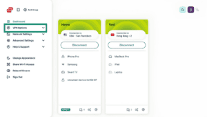 ExpressVPN Aircove app interface, showing an expanded sidebar. The "VPN Options" tab is highlighted.