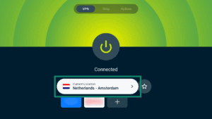 ExpressVPN Android TV app interface, showing the VPN tab and a highlighted server location widget.