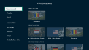ExpressVPN Android TV app interface, showing a list of servers. The "Recommended" tab is highlighted.