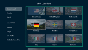 ExpressVPN Android TV app interface, showing a list of server locations. Several servers are highlighted.