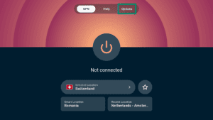 ExpressVPN app interface showing the VPN tab on Android TV. The Options tab is highlighted.