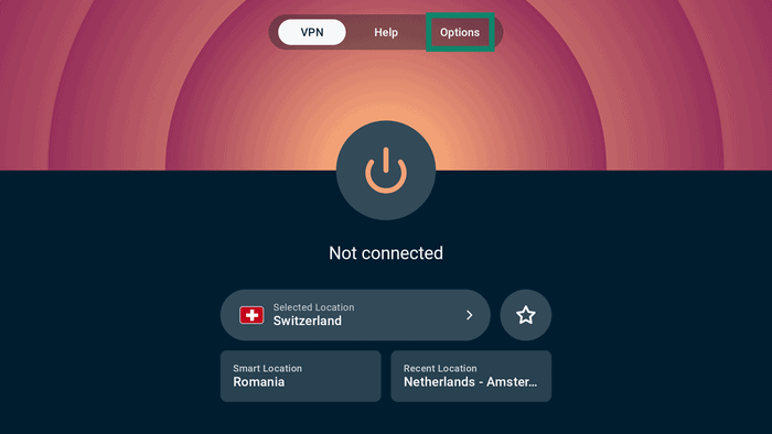 ExpressVPN app interface showing the VPN tab on Android TV. The Options tab is highlighted.