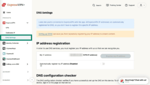 ExpressVPN website interface displaying the "DNS Settings" page.