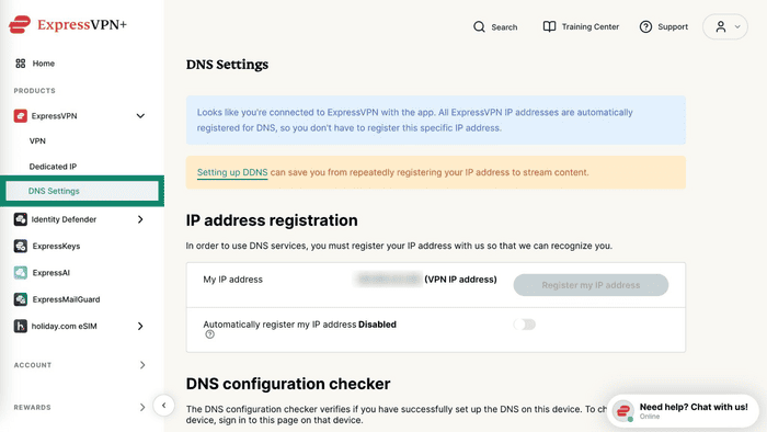 ExpressVPN website interface displaying the "DNS Settings" page.