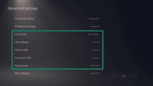 PlayStation "Advanced Settings" menu list for a wired connection, with the "DNS Settings" option highlighted by a green box.