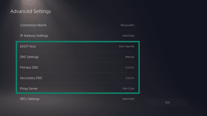 PlayStation "Advanced Settings" menu list for a wired connection, with the "DNS Settings" option highlighted by a green box.