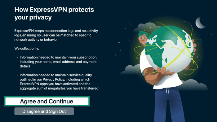 ExpressVPN set up screen showing privacy preferences settings.