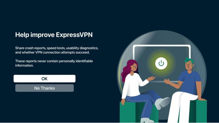 ExpressVPN set up screen showing anonymous analytics options.