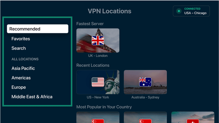 ExpressVPN VPN server list screen.