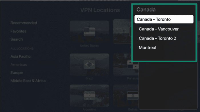 ExpressVPN VPN server list screen showing cities options.