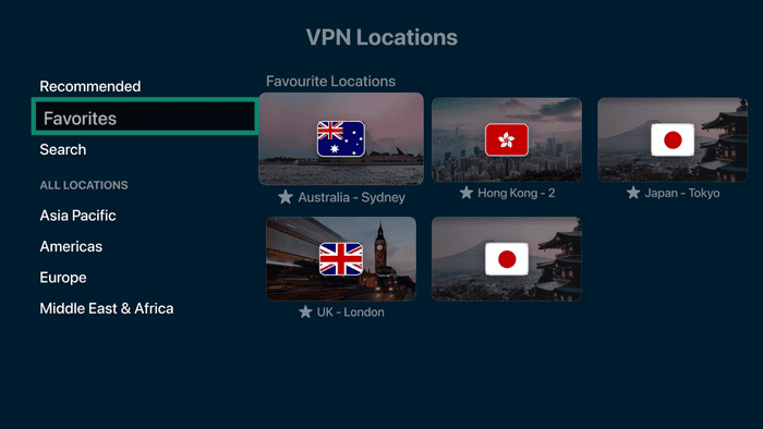 ExpressVPN VPN server list showing favorites.