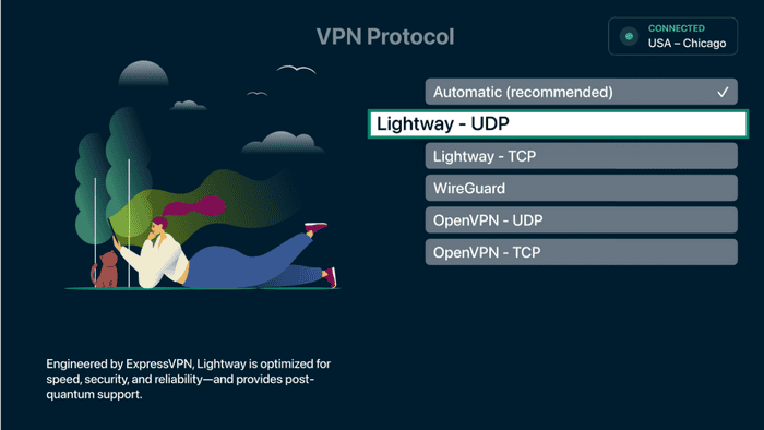 ExpressVPN VPN protocol page showing Lightway VPN protocol option highlighted.