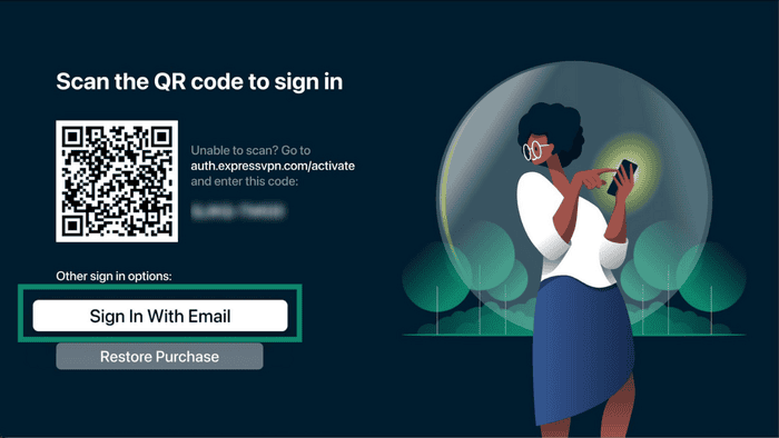 ExpressVPN welcome screen on Apple TV showing email option highlighted.