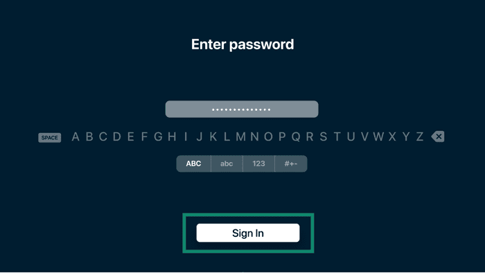 ExpressVPN welcome screen on Apple TV showing sign in with password option.