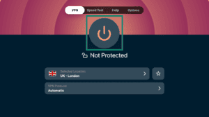 ExpressVPN app showing the "Not Protected" status, with the power button highlighted in a green box.