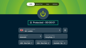 ExpressVPN app showing the "Protected" status, with the connection timer and protection status highlighted in a green box.