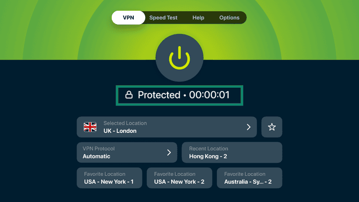 ExpressVPN app showing the "Protected" status, with the connection timer and protection status highlighted in a green box.