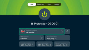 ExpressVPN app showing the main screen, with the Selected Location field highlighted in a green box.