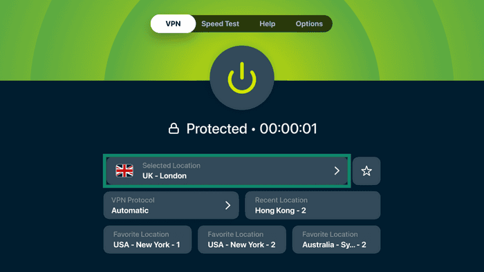 ExpressVPN app showing the main screen, with the Selected Location field highlighted in a green box.