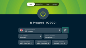 ExpressVPN app showing the main screen, with the favorite/star button next to the location field highlighted in a green box.