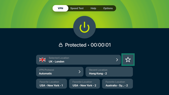 ExpressVPN app showing the main screen, with the favorite/star button next to the location field highlighted in a green box.