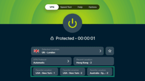 ExpressVPN app showing the main screen, with the Favorite Locations section highlighted in a green box.