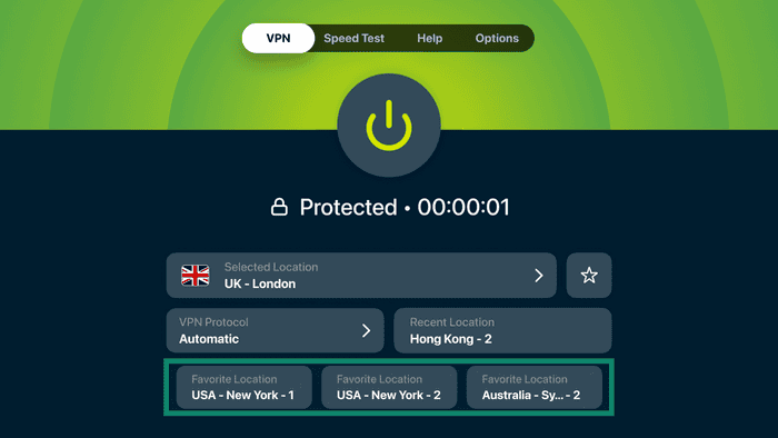 ExpressVPN app showing the main screen, with the Favorite Locations section highlighted in a green box.