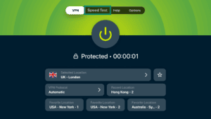 ExpressVPN app showing the navigation tabs, with the "Speed Test" tab highlighted in a green box.