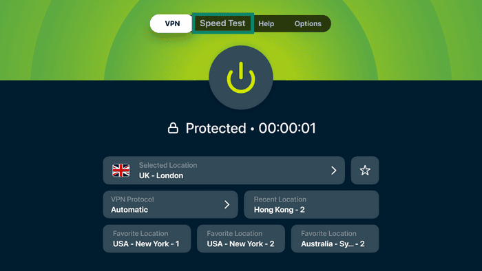 ExpressVPN app showing the navigation tabs, with the "Speed Test" tab highlighted in a green box.