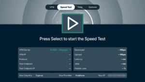 ExpressVPN Speed Test tab before testing, with the start test button highlighted in a green box.