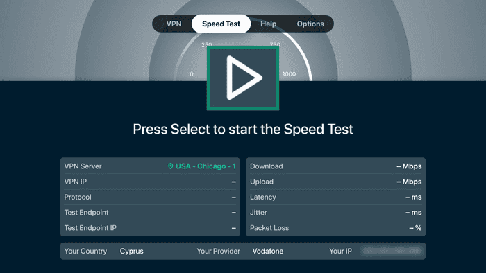 ExpressVPN Speed Test tab before testing, with the start test button highlighted in a green box.