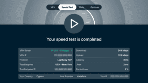ExpressVPN Speed Test tab showing completed test metrics including download speed, upload speed, and latency.