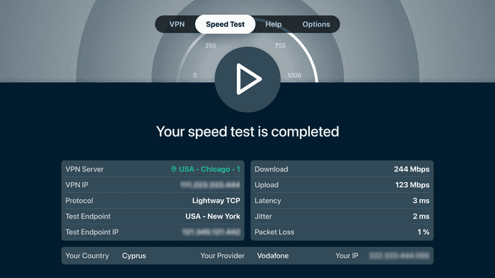 ExpressVPN Speed Test tab showing completed test metrics including download speed, upload speed, and latency.
