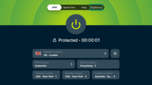ExpressVPN app showing the navigation tabs, with the "Options" tab highlighted in a green box.